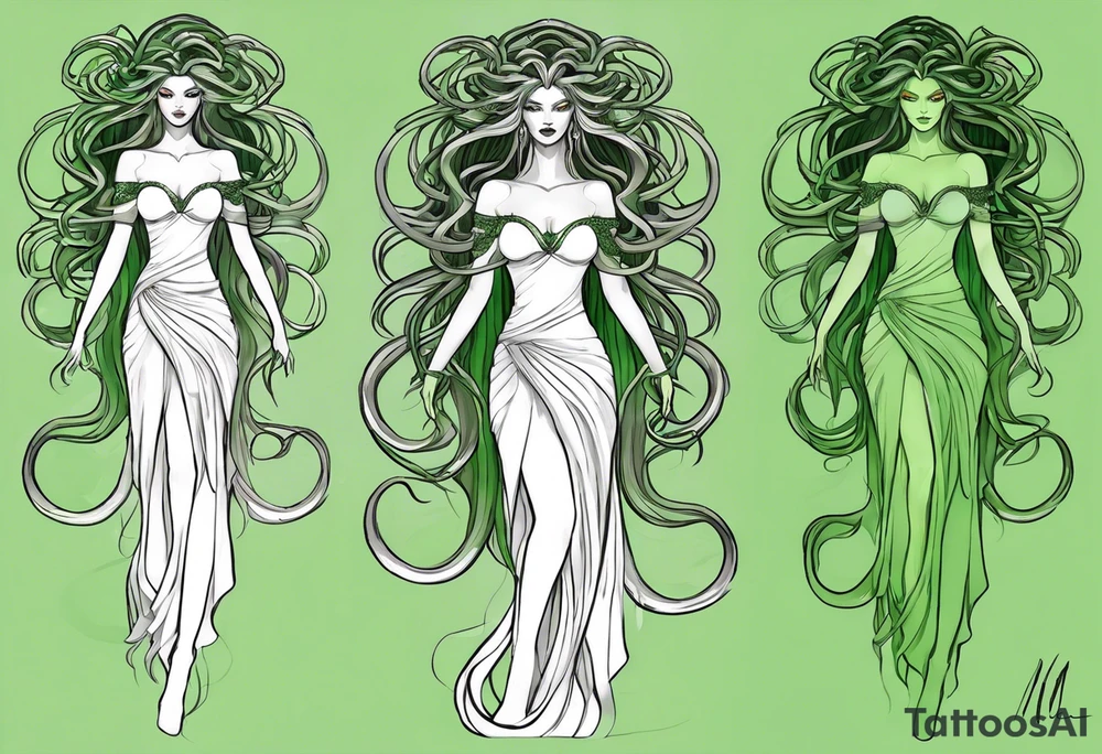 Full body 
Here is a rough sketch of your Medusa tattoo concept:

- **Medusa's Full Body**: Positioned in the center, floating.
- **Glowing Eyes**: Highlighted in white to stand out against her green complexion.
- **Green Snakes for Hair**: Radiating in various directions from her head.
- **White Sheer Dress**: Flowing down her body, semi-transparent to hint at her form beneath.

This sketch captures the basic elements and composition. For a final design, a tattoo artist can add intricate details, shading, and texture to bring Medusa to life with the ethereal and mystical qualities you described. tattoo idea