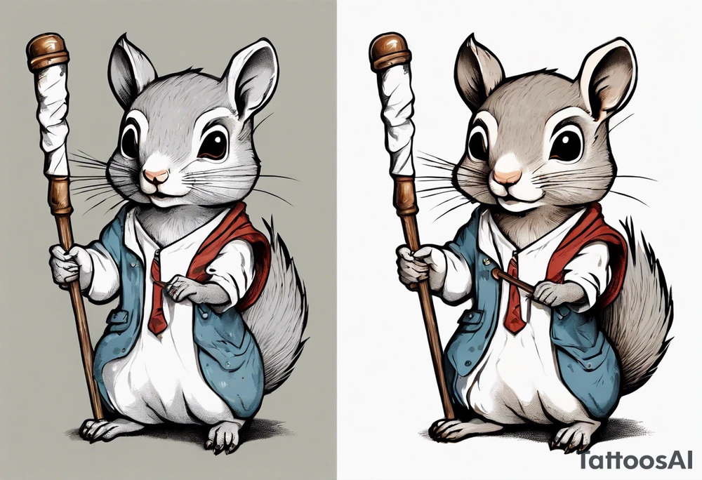 a grey squirrel dressed in a tunic holding a large white stick tattoo idea