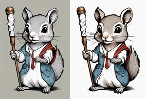 a grey squirrel dressed in a tunic holding a large white stick tattoo idea