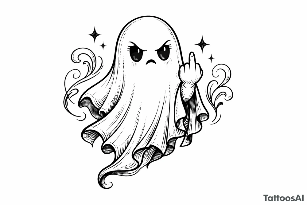 Spooky cute ghost giving middle finger, vintage tattoo flash style. tattoo idea