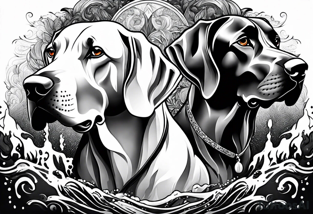 Full arm sleeve. Four Great Danes together exploring waterfall tattoo idea