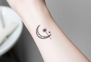 Small black and white tattoo waxing crescent moon with small Daisy birth flower and tiny Leo gliph tattoo idea