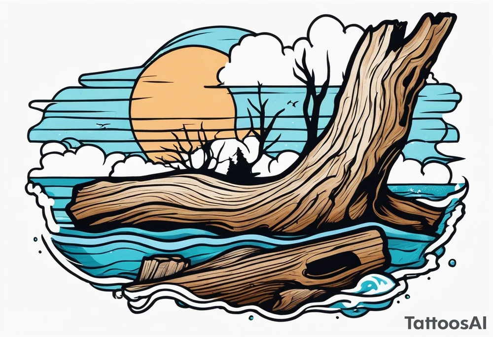 piece of driftwood underwater with duke written in the wood tattoo idea