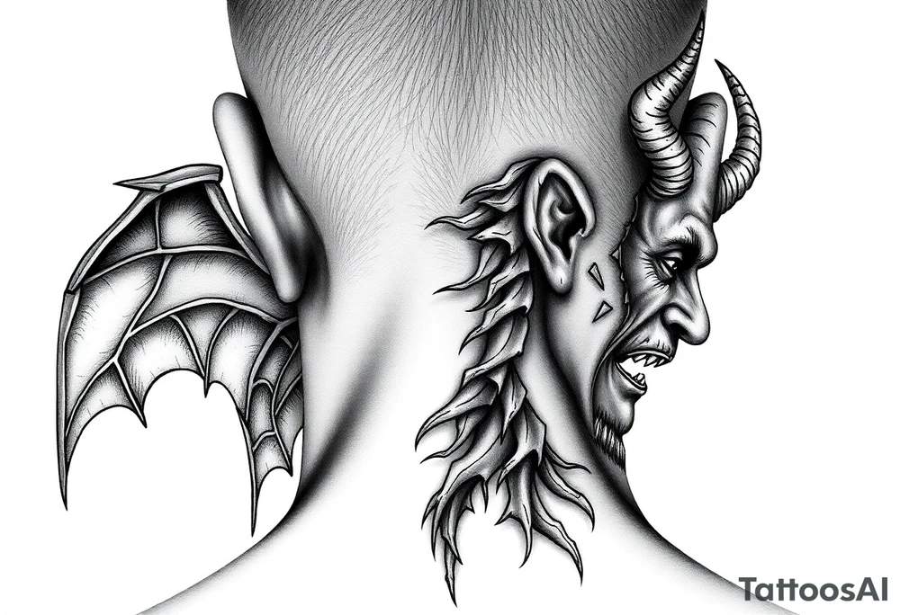 position behind the neck Angel (on the right) whispering in the right ear, demon (on the left) whispering in the left ear. It must be as realistic as possible. tattoo idea