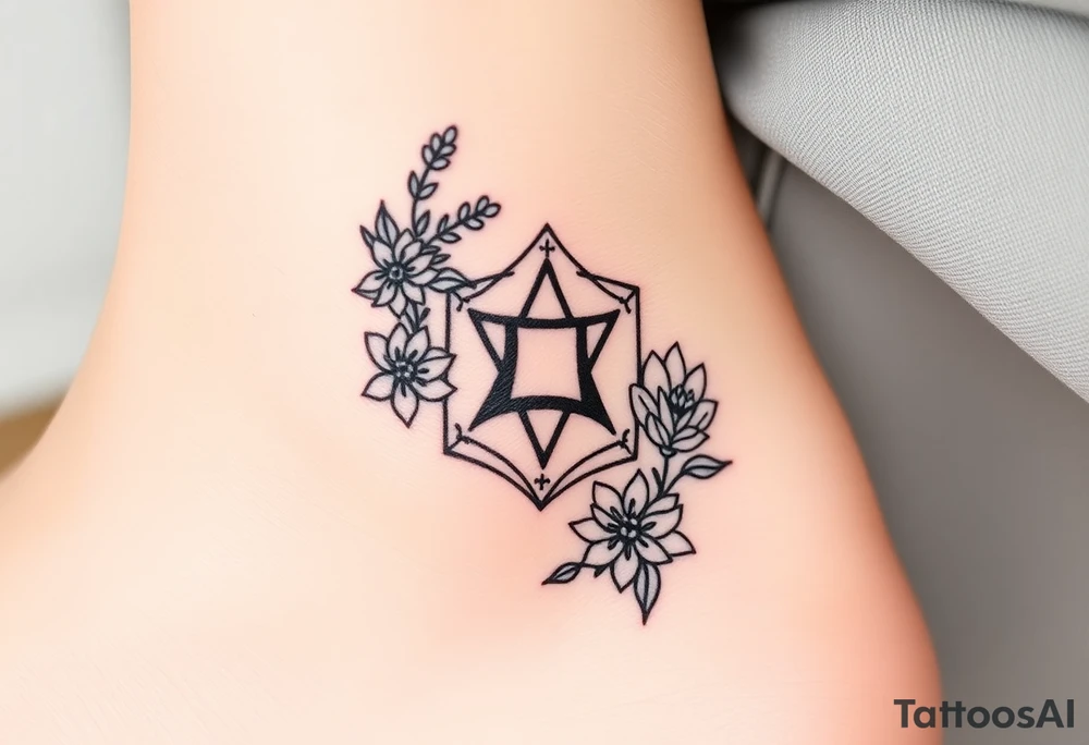 Hexagon Leo symbol larkspurs and water lilies tattoo idea