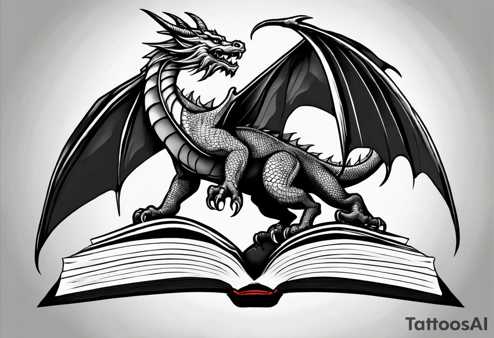 A large open book. a dragon with scales and four legs flying high in the sky. three mountains tattoo idea
