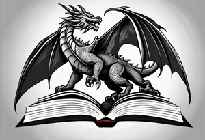 A large open book. a dragon with scales and four legs flying high in the sky. three mountains tattoo idea