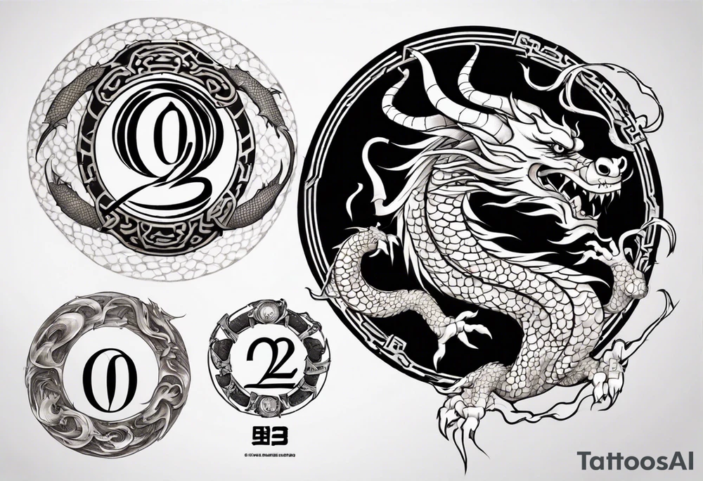 Chinese dragon in a circular shape with "02.03" written on its skin tattoo idea