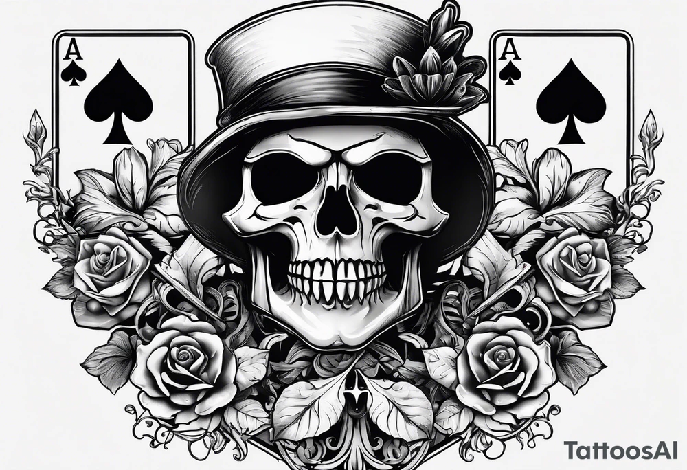 Skeleton hang holding out two playing cards, 8 of spades and 7 of spades tattoo idea