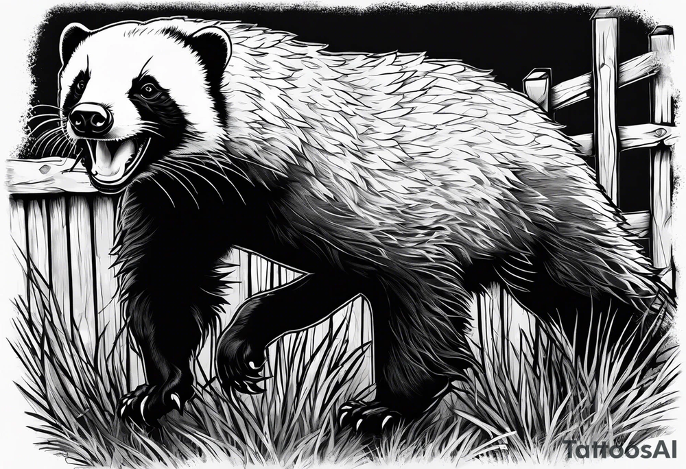 honey badger climbing up/over, claws near face, behind, on its back legs, looking over fence, full body, top view tattoo idea