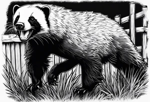 honey badger climbing up/over, claws near face, behind, on its back legs, looking over fence, full body, top view tattoo idea