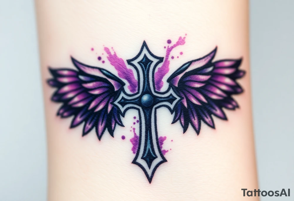 A Viking-style iron cross, with raven wings in black and deep purple tattoo idea