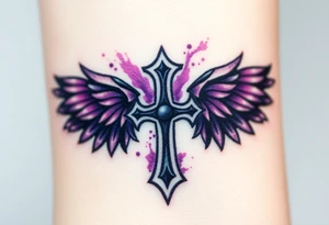 A Viking-style iron cross, with raven wings in black and deep purple tattoo idea