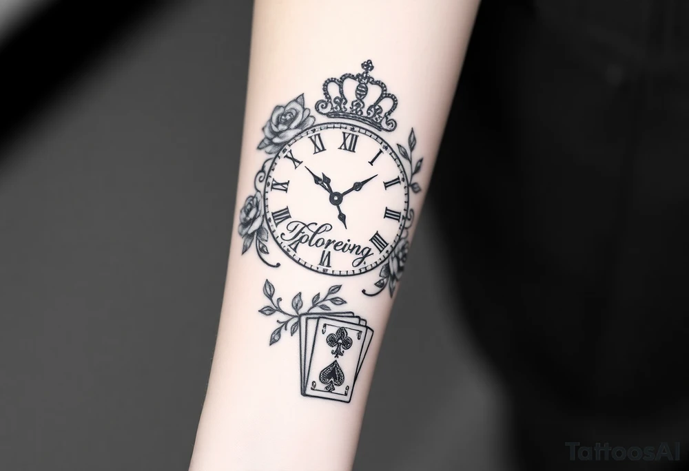 Roman clock with roses and a crown,  a quote that says nothings forever. and on the bottom a deck of cards tattoo idea