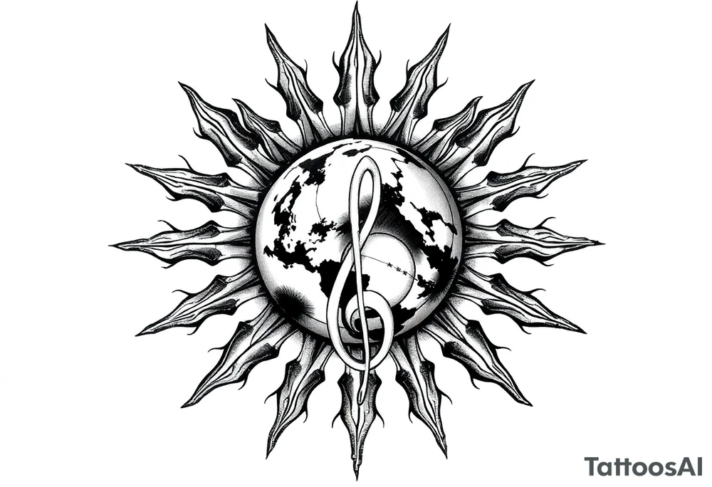 sun system of the universe with earth and a clef for my love to music, tattoo idea