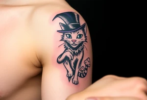 coloured cheshire cat, with top hat and mushrooms tattoo idea