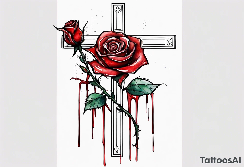 rose flower, one line, red blood dripping from the flower, tall, watercolor, with a Christian cross hidden in the stem tattoo idea
