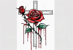 rose flower, one line, red blood dripping from the flower, tall, watercolor, with a Christian cross hidden in the stem tattoo idea