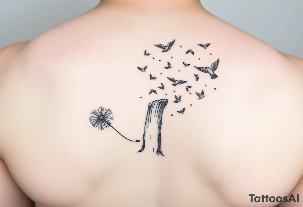 A dandelion with its leaves blowing away and turning into birds that fly up and create a waterfall tattoo idea