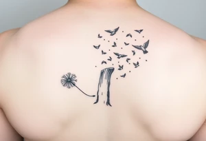 A dandelion with its leaves blowing away and turning into birds that fly up and create a waterfall tattoo idea