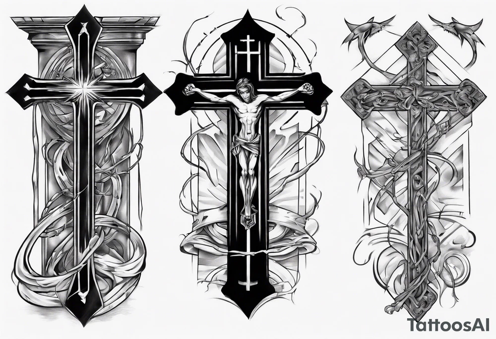 Inner bicep, stretched horizontally, bridge leading to a cross tattoo idea