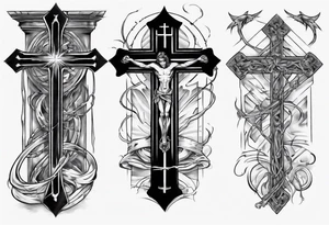 Inner bicep, stretched horizontally, bridge leading to a cross tattoo idea