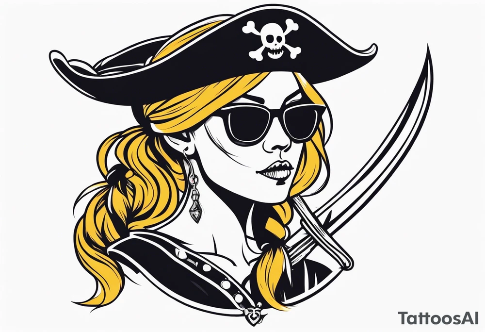 create a pirate flag with a feminine skull with two blonde pigtails and crossbones  wearing glasses tattoo idea