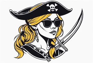 create a pirate flag with a feminine skull with two blonde pigtails and crossbones  wearing glasses tattoo idea