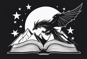 an open fantasy book. a flying dragon. A pawn chess piece. a sword. A raven. Stars with three mountain peaks tattoo idea