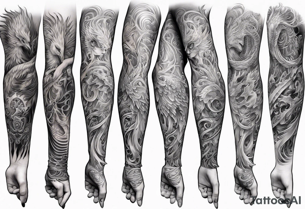 Sleeve tattoo on a woman's arm. Phoenix tattoo idea