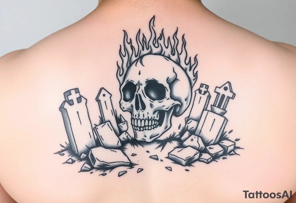 Graveyard scene with a skull engulfed in fiery flames, gothic style. tattoo idea