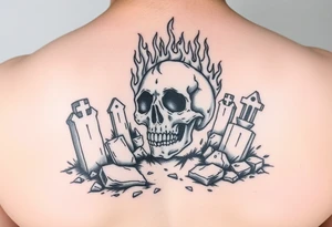 Graveyard scene with a skull engulfed in fiery flames, gothic style. tattoo idea