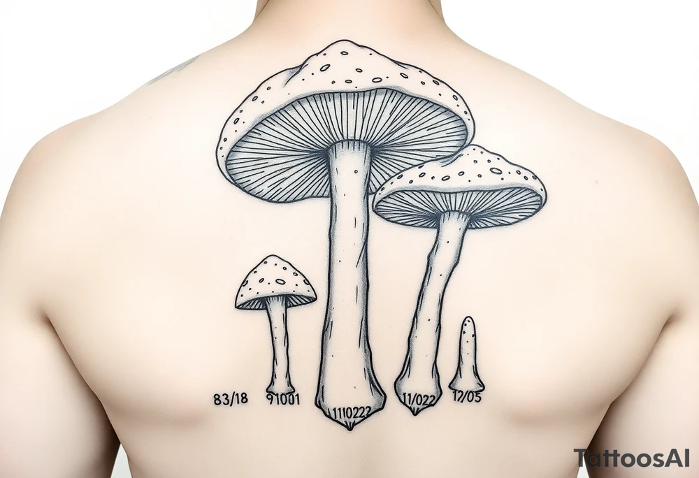 Psychedelic mushrooms two big four small with the stems of the small ones being their birth date which is 8/3/18, /9/10/21, 11/18/22 and 1/20/25. tattoo idea