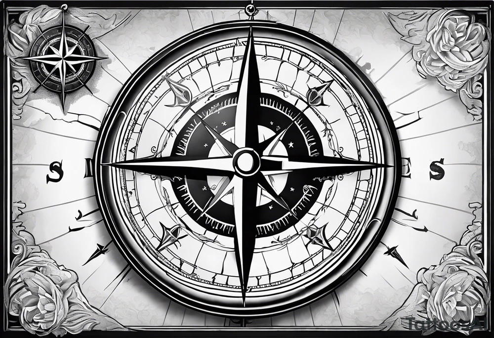 Nautical compass with New Zealand map outline behind it and southern cross tattoo idea