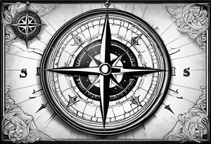 Nautical compass with New Zealand map outline behind it and southern cross tattoo idea
