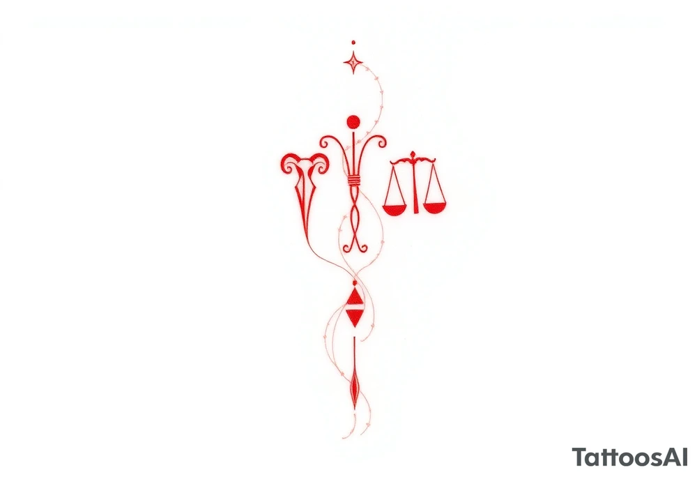 Tattoo that combines the star sign Taurus and Libra ,in red , down the spine tattoo idea