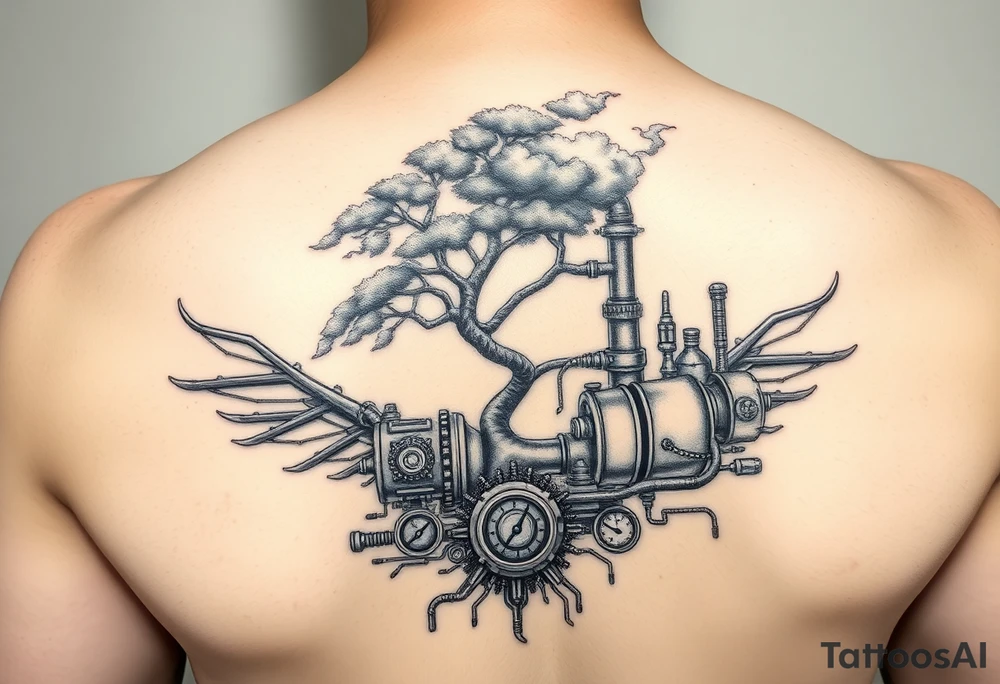tree growing out of a v shaped engine with lots of pipes, guages and steam around the engine 
 with a smoke stack coming out of the top 
 billowing black smoke as if the tree and engine were a flying machine flying through the air 
 with an extreme steam punk vibe alot more steam punk tattoo idea