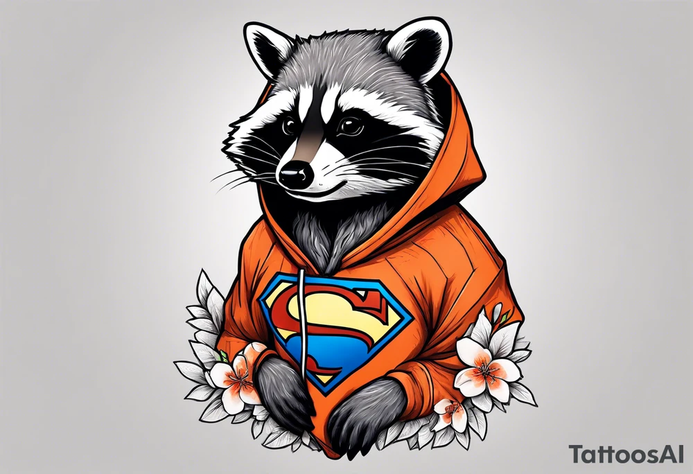 raccoon wearing a Superman hoodie with orange Japanese cherry blossoms tattoo idea