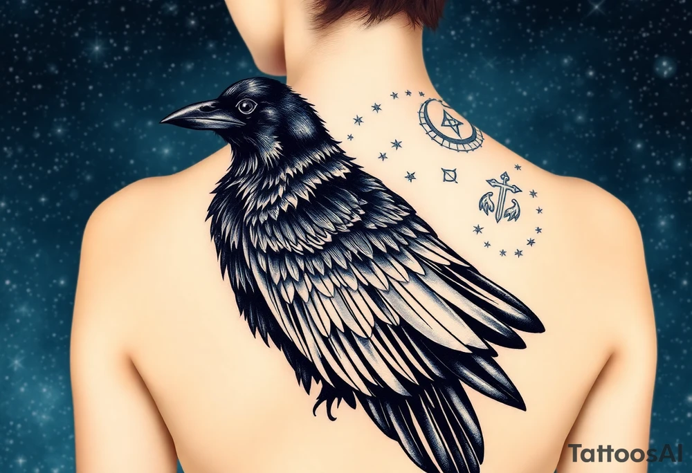Raven with starry sky background with zodiac constellations in it with runes in sky tattoo idea
