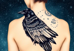 Raven with starry sky background with zodiac constellations in it with runes in sky tattoo idea