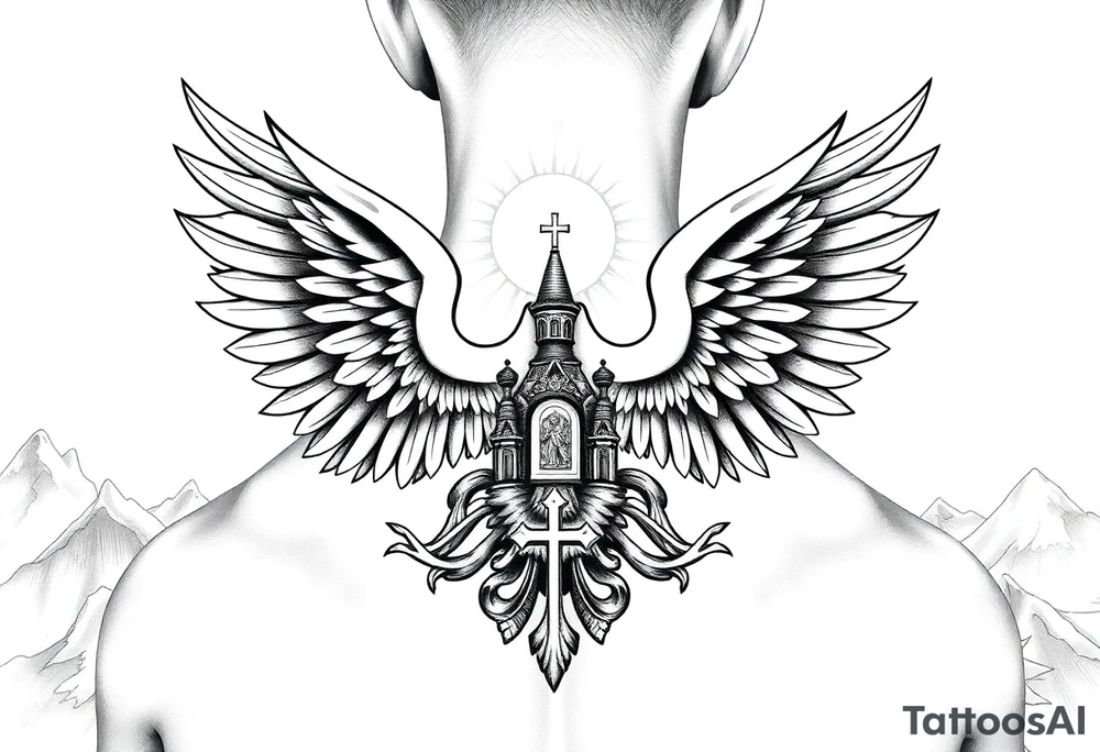 russian coat of arms with the eagles wings spanning out on my back neck across my shoulders / traps with a orthodox christian church being visible in a mountainous sun beaming setting, with the russian orthodox cross spire of the orthodox church being visible on my neck with a sun beaming in the background that the cross sits inside tattoo idea