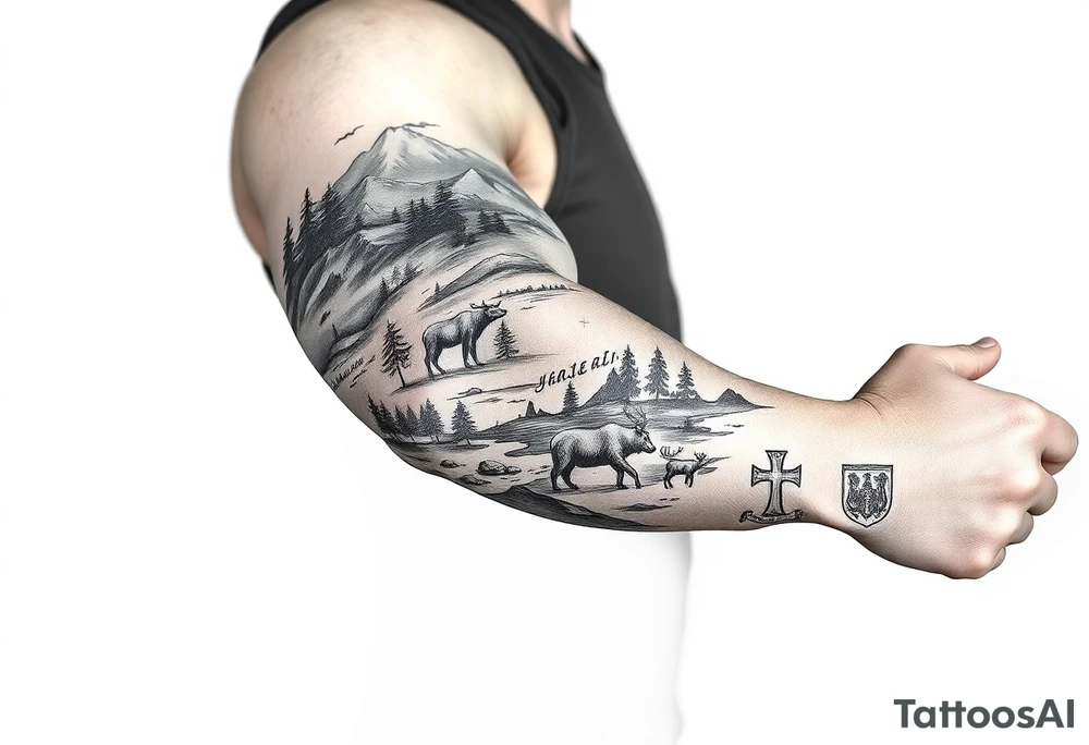 A full-sleeve with the Härjedalen landscape, reindeer, bear, lakes, mountains (Helags), cross and Härjedalen's coat of arms on the hand tattoo idea