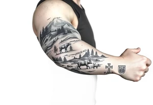 A full-sleeve with the Härjedalen landscape, reindeer, bear, lakes, mountains (Helags), cross and Härjedalen's coat of arms on the hand tattoo idea