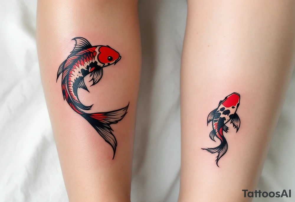 Two red and black koi fish swimming in a circle, the first tattoo larger on the calf, and the second smaller on the ankle. tattoo idea