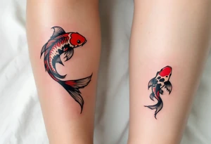 Two red and black koi fish swimming in a circle, the first tattoo larger on the calf, and the second smaller on the ankle. tattoo idea