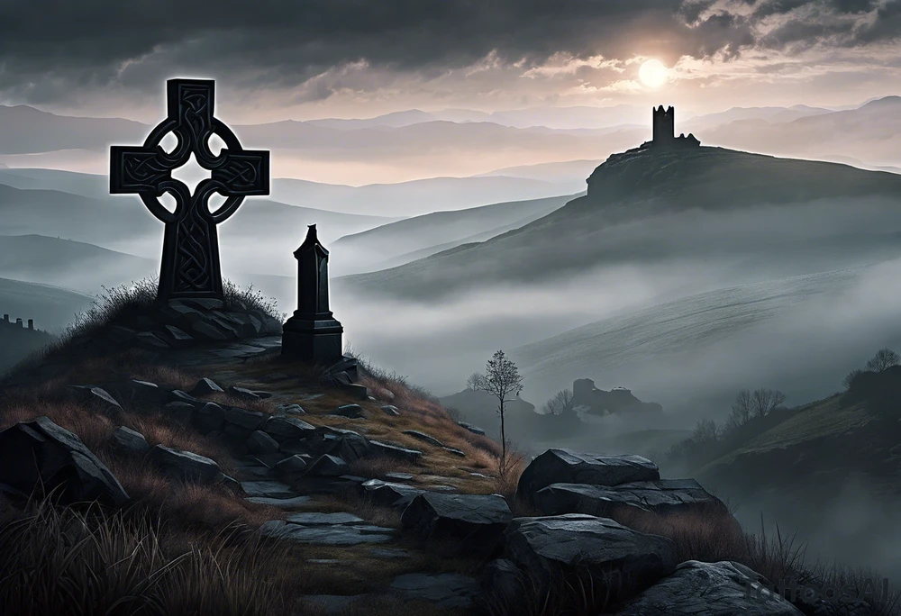A stone Celtic cross solemnly standing atop a hill, a raven perches atop the cross staring out over the desolation. A ruined stone wall lies crumbling near the cross. Mist rolls along the hilltops adding to the melancholic nature of the scene tattoo idea