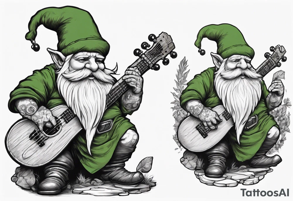 a 4 foot moss green deep gnome with muttonchops with a lute serenating a crowd in a small town square tattoo idea