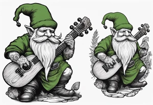 a 4 foot moss green deep gnome with muttonchops with a lute serenating a crowd in a small town square tattoo idea