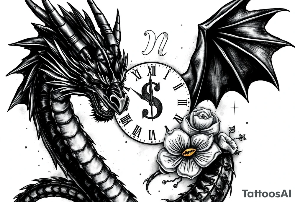 Dark dragon tattoo with clock, dollars and cancer zodiac sign on background tattoo idea