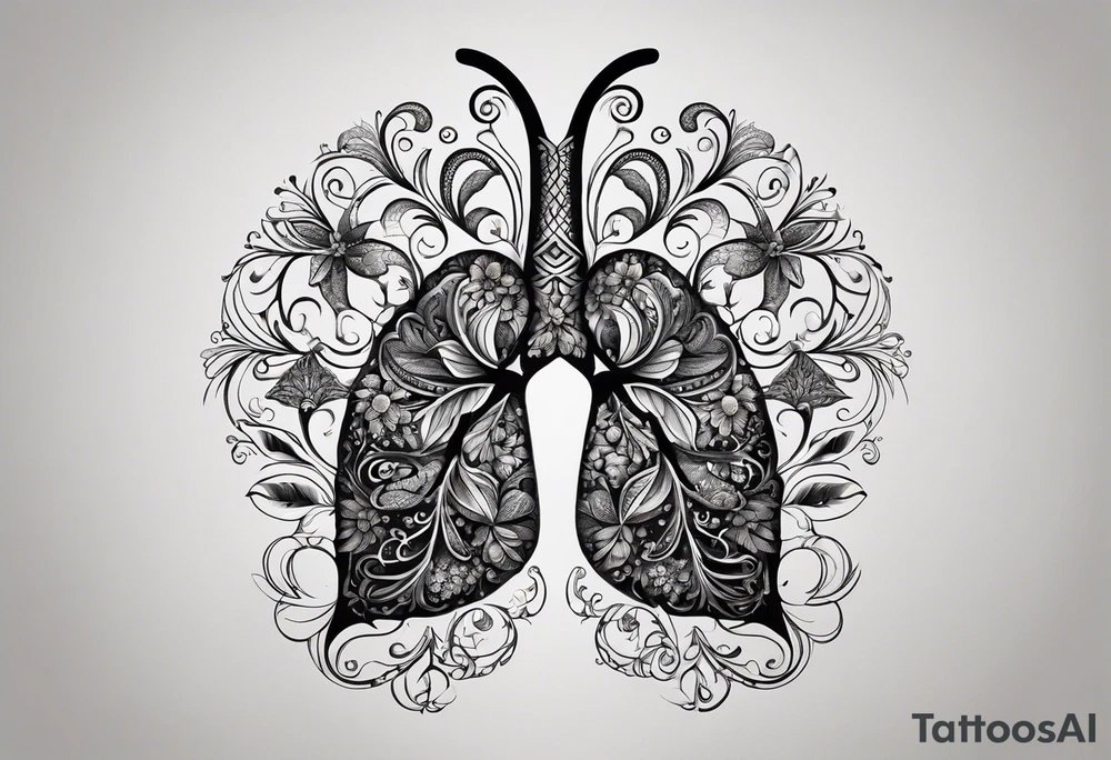 intricate and artistic arrangement of flowers and ornamental patterns that come together to form the shape of human lungs. The design should have a balance of delicacy and detail, with vibrant floral elements seamlessly intertwining to mimic the structure of the lungs, including the bronchi branching into floral motifs. Incorporate subtle shading and depth to give the tattoo a dynamic and organic feel, while maintaining elegance and symmetry tattoo idea